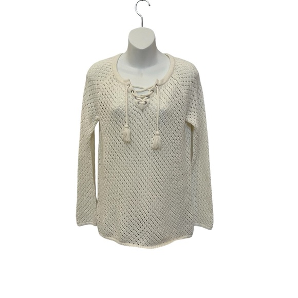Boho Olive & Oak Louisa Cream Crochet Lace Up Small Sweater - Picture 3 of 9
